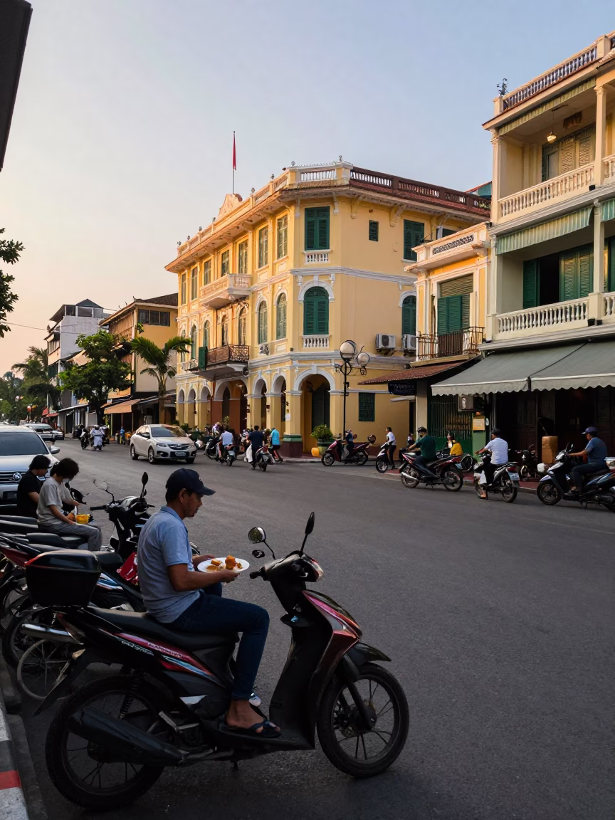 Dawn Street Scene in Ho Chi Minh City Vietnam with Motorbikes and Local Breakfast in in Ho Chi Minh City, Vietnam