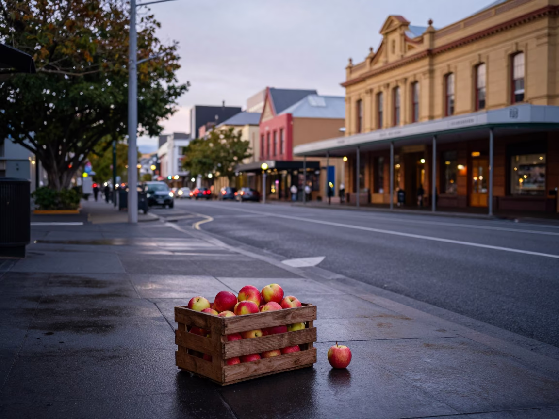 Dawn Street Scene in Hobart Tasmania Australia with Apples and Urban Details in in Hobart, Tasmania, Australia