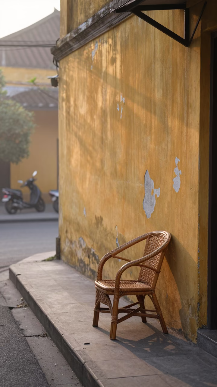 Dawn Street Scene in Hoi An Vietnam with Rattan Chair and Banh Mi in in Hoi An, Vietnam