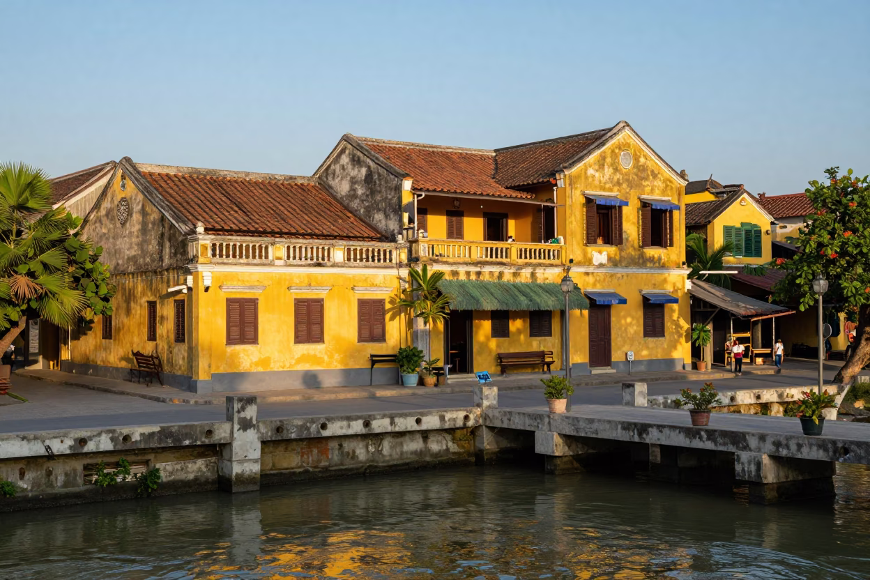 Dawn Street Scene in Hoi An Vietnam with Traditional Yellow Buildings and River Activity in in Hoi An, Vietnam