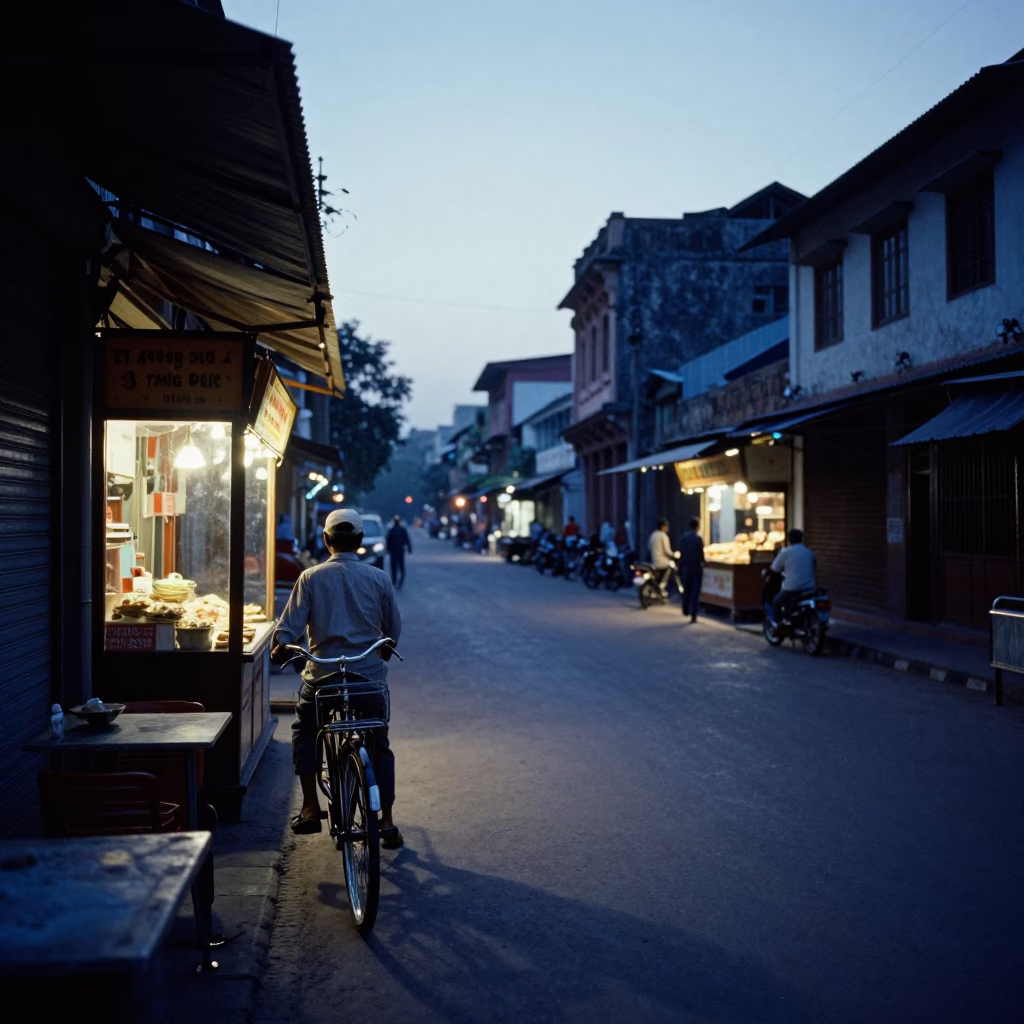 Dawn Street Scene in Hyderabad India with Bicycle and Bakery in in Hyderabad, India