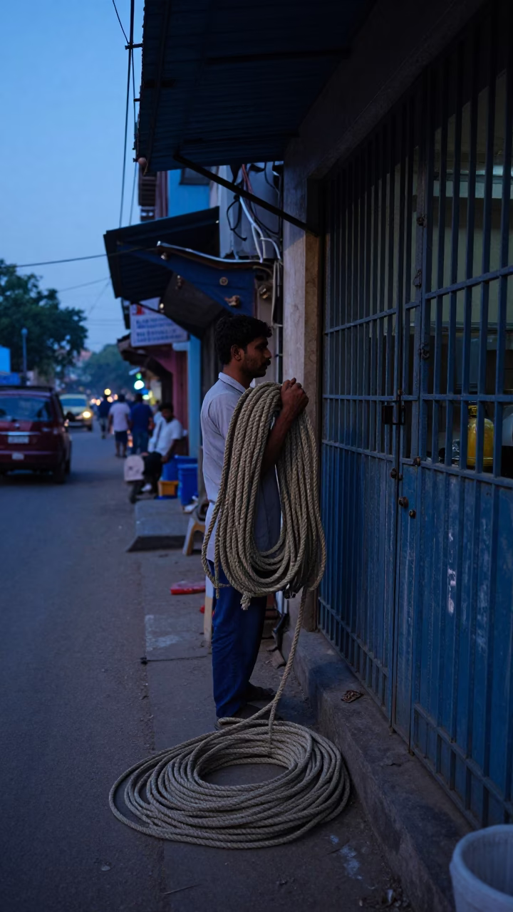 Dawn Street Scene in Hyderabad India with Coiled Rope and Hand Tool in in Hyderabad, India