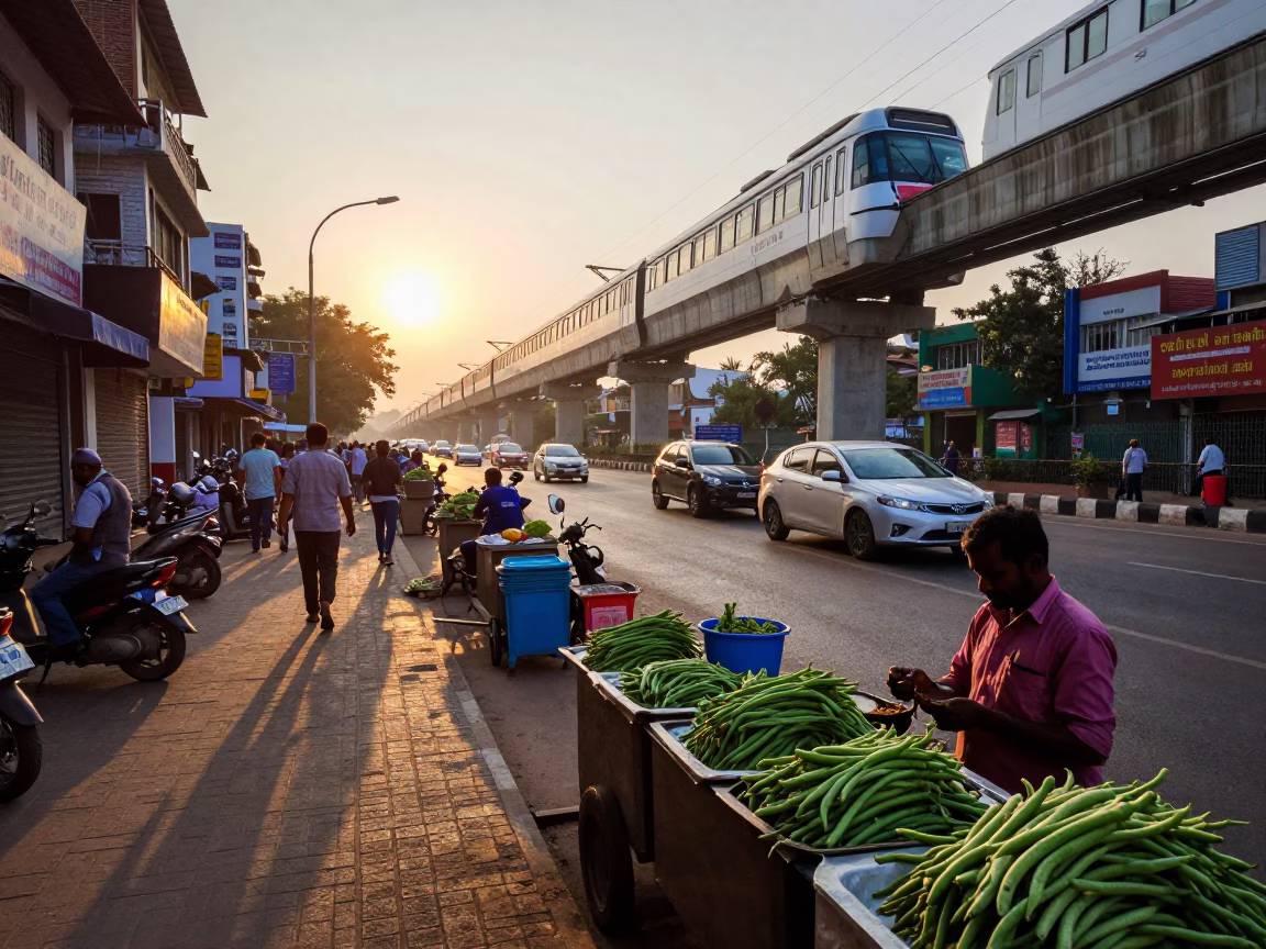 Dawn Street Scene in Hyderabad India with Monorail Reflection and Local Market Activity in in Hyderabad, India
