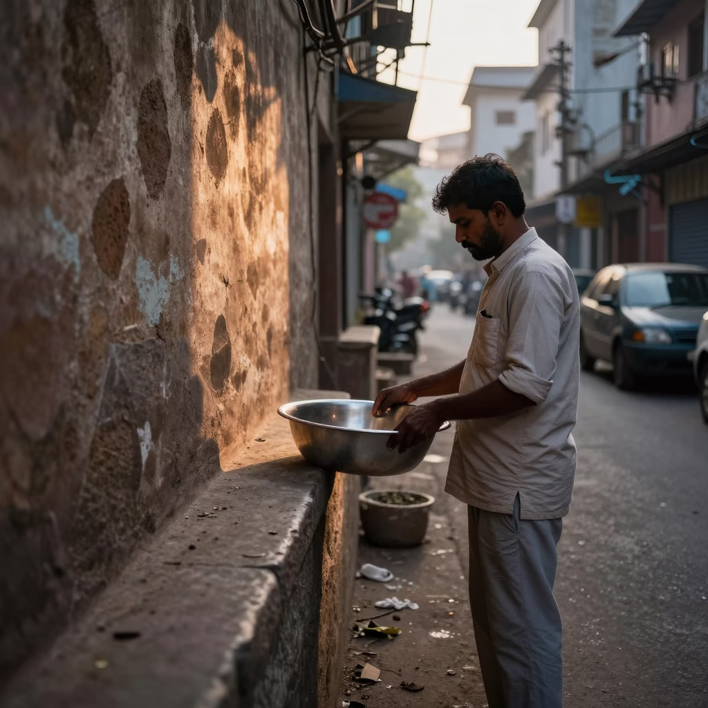 Dawn Street Scene in Hyderabad India with Tea Stains and Morning Routine in in Hyderabad, India