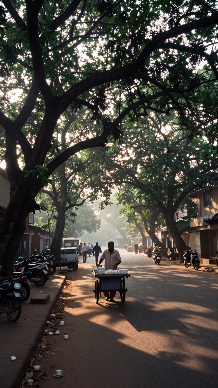 Dawn Street Scene in Hyderabad India with Traditional Teacups and Local Morning Activity in in Hyderabad, India