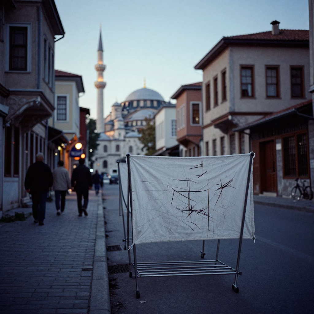 Dawn Street Scene in Istanbul Turkey with Drying Rack and Scratched Doorframe in in Istanbul, Turkey