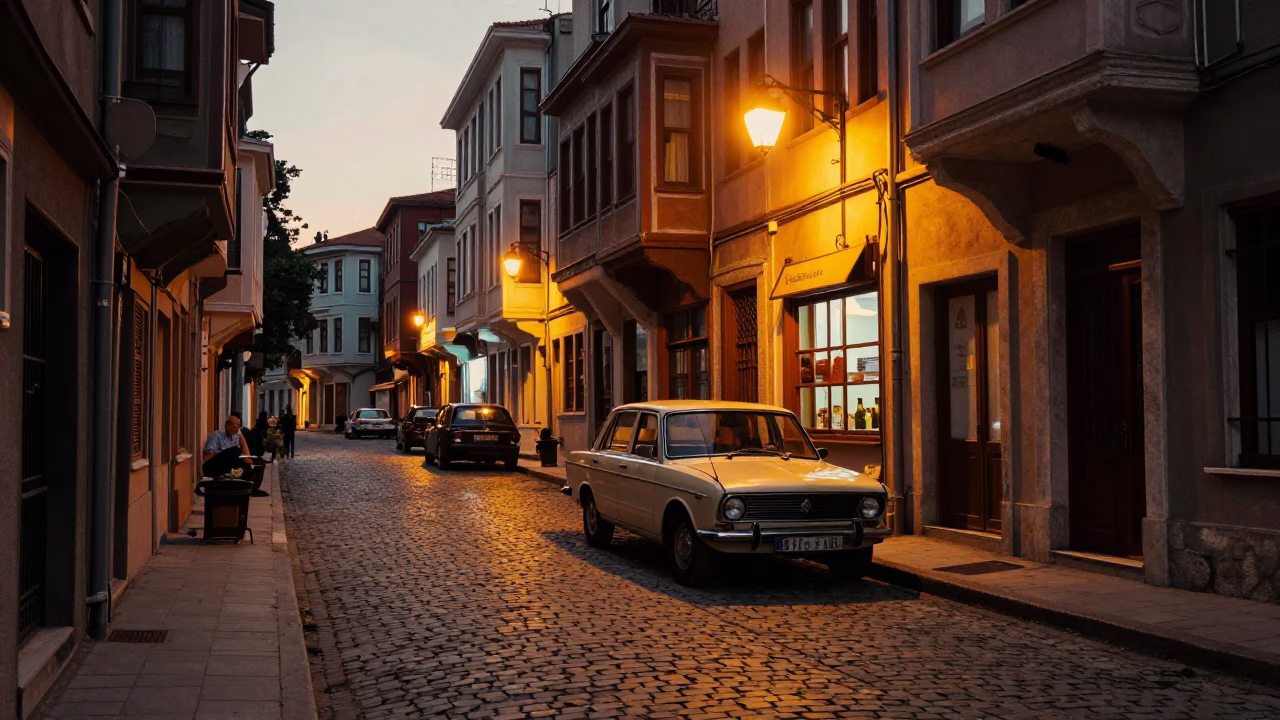 Dawn Street Scene in Istanbul Turkey with Vintage 1960s Atmosphere and Local Life in in Istanbul, Turkey