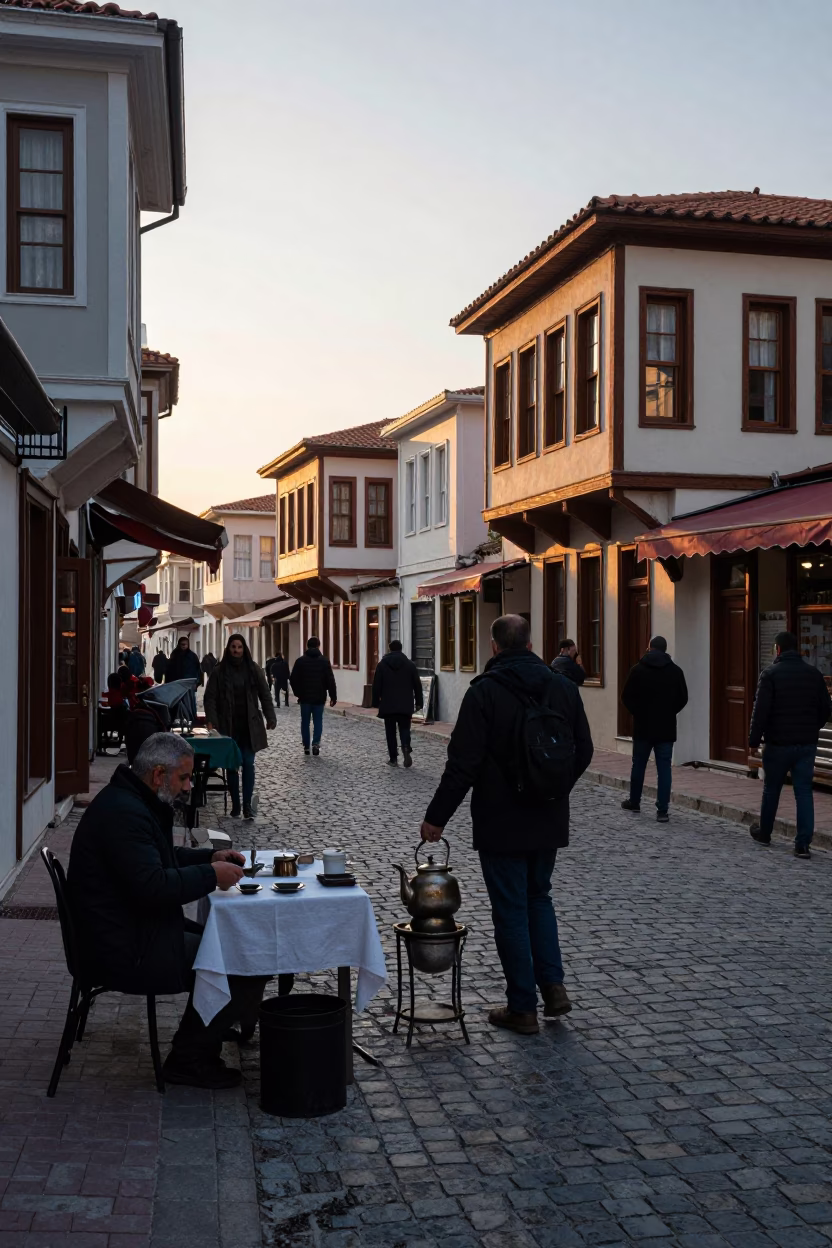 Dawn street scene in Izmir Turkey with tea kettle and linen details in in Izmir, Turkey