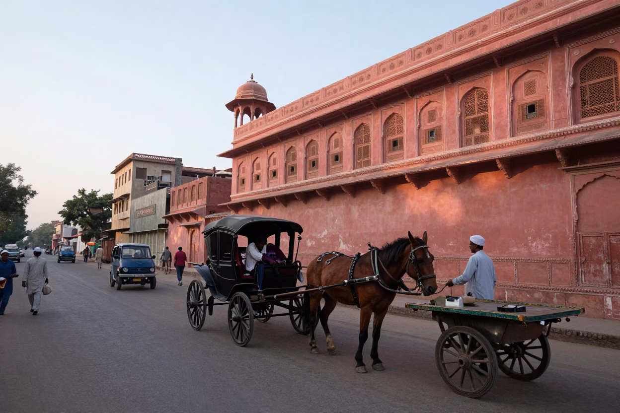 Dawn Street Scene in Jaipur India with Horse Carriage and Historic Architecture in in Jaipur, India