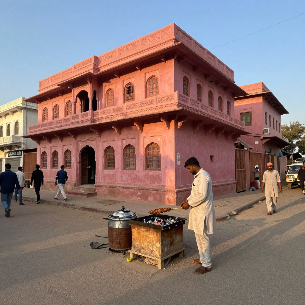 Dawn Street Scene in Jaipur India with Kebab Grilling and Traditional Architecture in in Jaipur, India