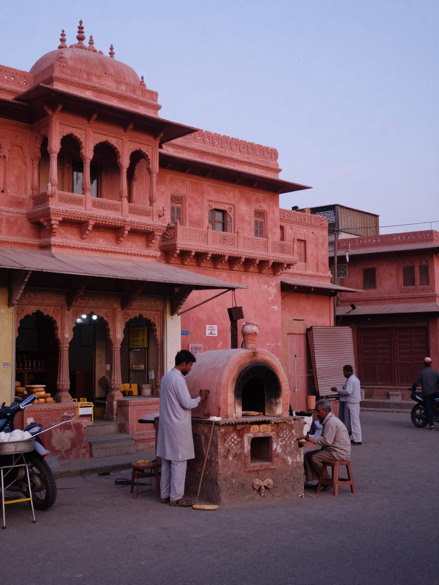 Dawn Street Scene in Jaipur India with Traditional Bakery and Local Transportation in in Jaipur, India