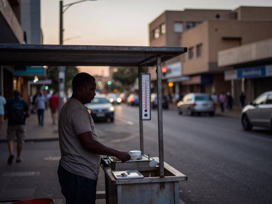 Dawn Street Scene in Johannesburg South Africa with Local Vendor and Thermometer in in Johannesburg, South Africa