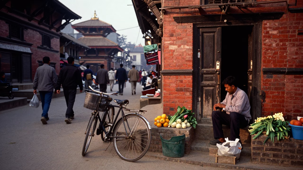 Dawn Street Scene in Kathmandu Nepal with Bicycle Basket and Latch in in Kathmandu, Nepal