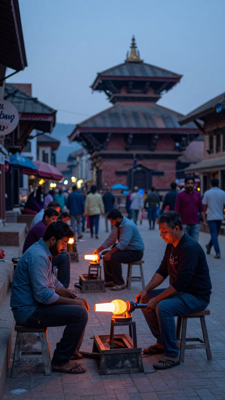Dawn Street Scene in Kathmandu Nepal with Glass Blowing and Injera Food in in Kathmandu, Nepal