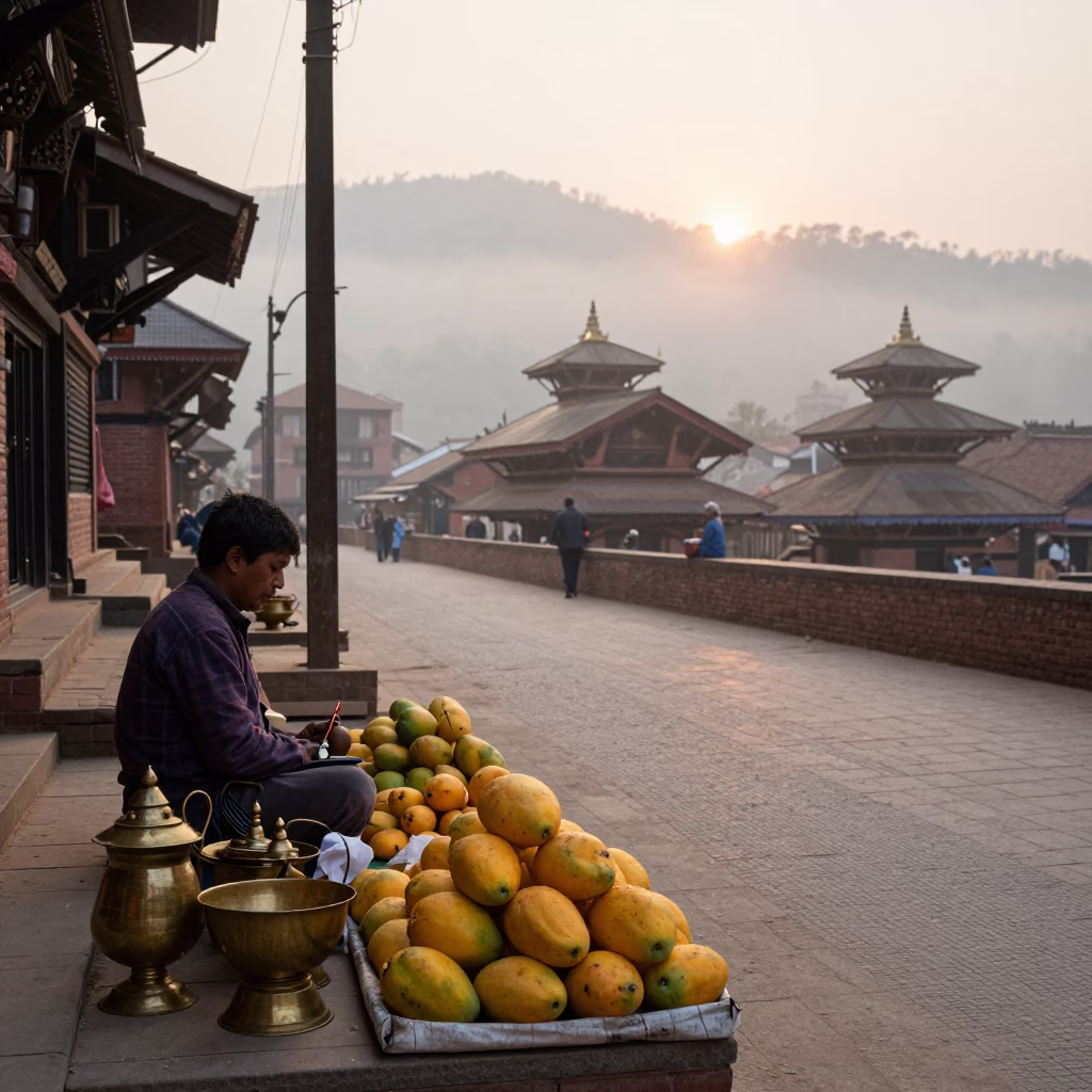 Dawn Street Scene in Kathmandu Nepal with Mangoes and Brass Hardware in in Kathmandu, Nepal