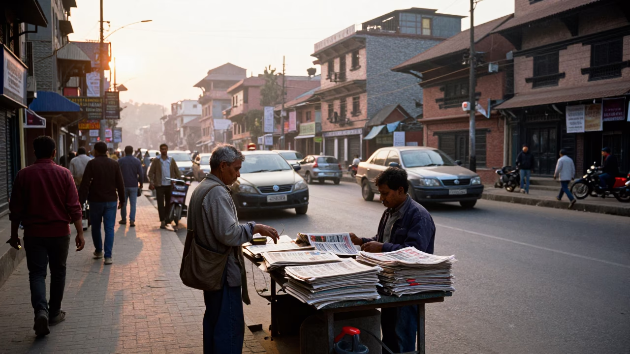 Dawn street scene in Kathmandu Nepal with newspaper vendor and morning commuters in in Kathmandu, Nepal
