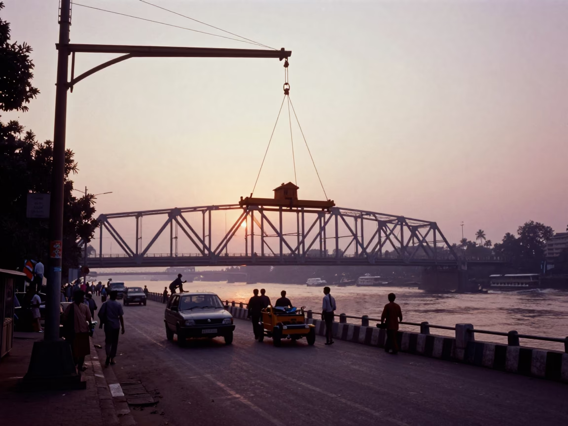 Dawn street scene in Kolkata India with bridge maintenance cradle and local traffic in in Kolkata, India