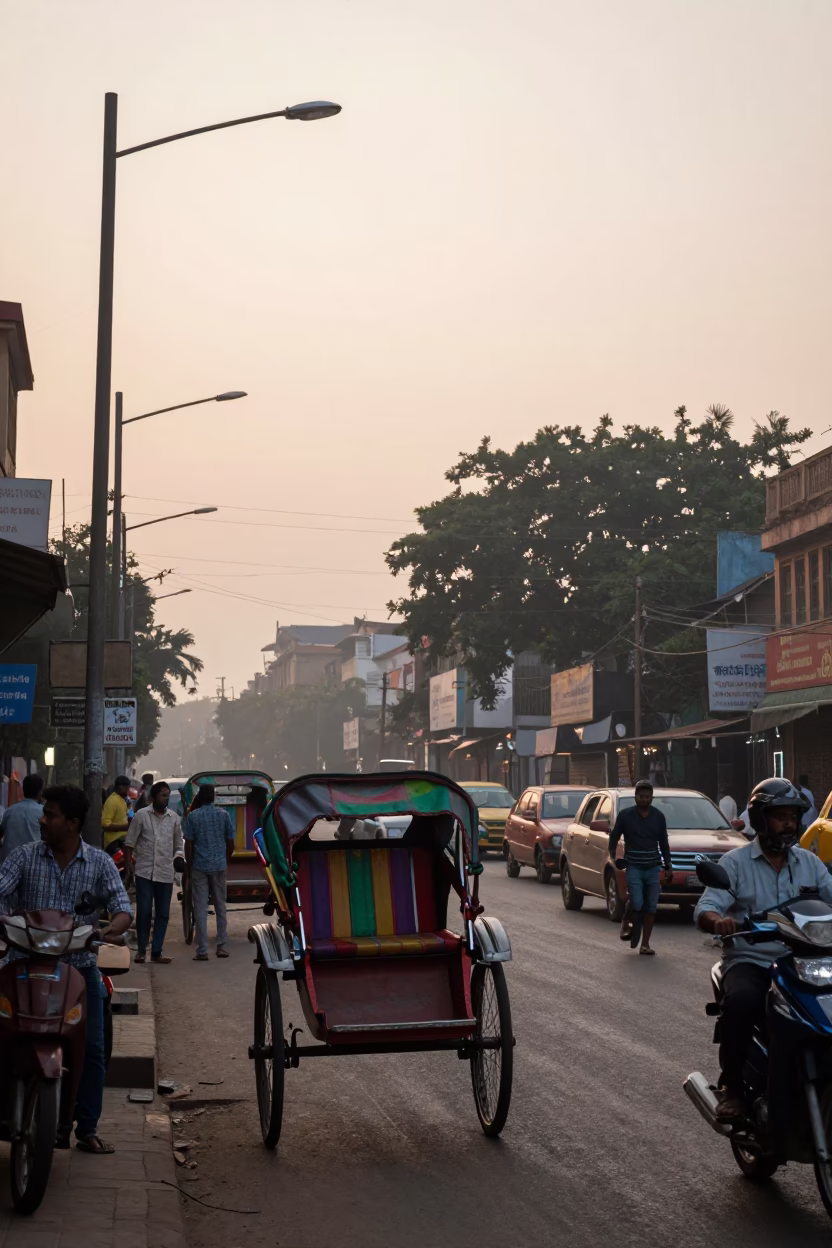 Dawn Street Scene in Kolkata India with Colorful Rickshaw and Early Morning Activity in in Kolkata, India