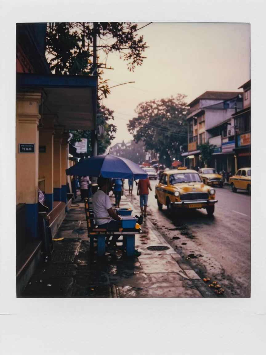 Dawn Street Scene in Kolkata India with Umbrellas and Taxi Rank in in Kolkata, India