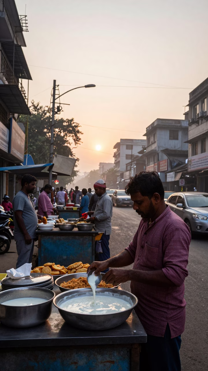 Dawn street scene in Kolkata India with vendor and morning light in in Kolkata, India