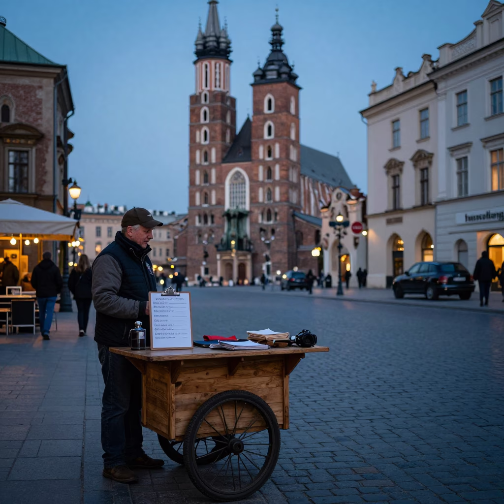 Dawn Street Scene in Krakow Poland with Local Vendor and Vintage Clipboard in in Krakow, Poland