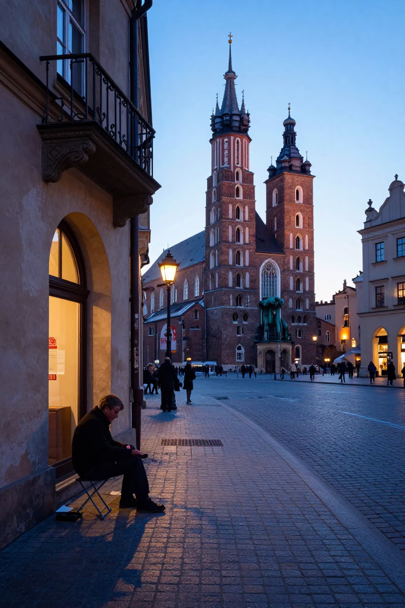 Dawn Street Scene in Krakow Poland with Shoe Shiner and Cobblestone Market Square in in Krakow, Poland