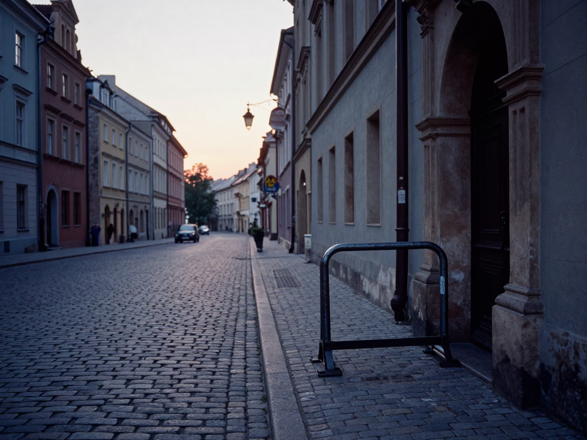 Dawn Street Scene in Krakow Poland with Turnbuckle and Urban Infrastructure Details in in Krakow, Poland
