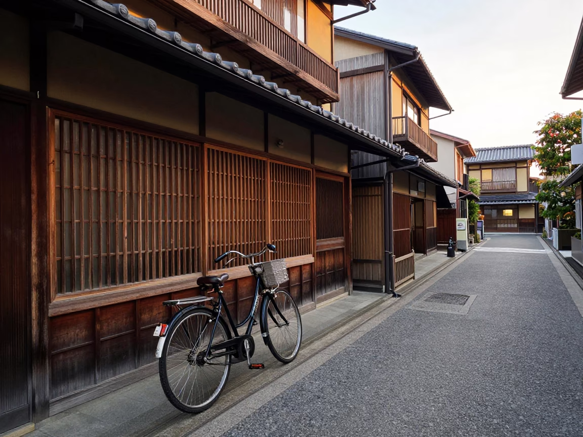 Dawn street scene in Kyoto Japan with bicycle and udon breakfast in in Kyoto, Japan