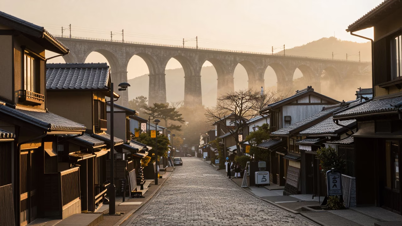 Dawn Street Scene in Kyoto Japan with Railway Viaduct and Traditional Architecture in in Kyoto, Japan