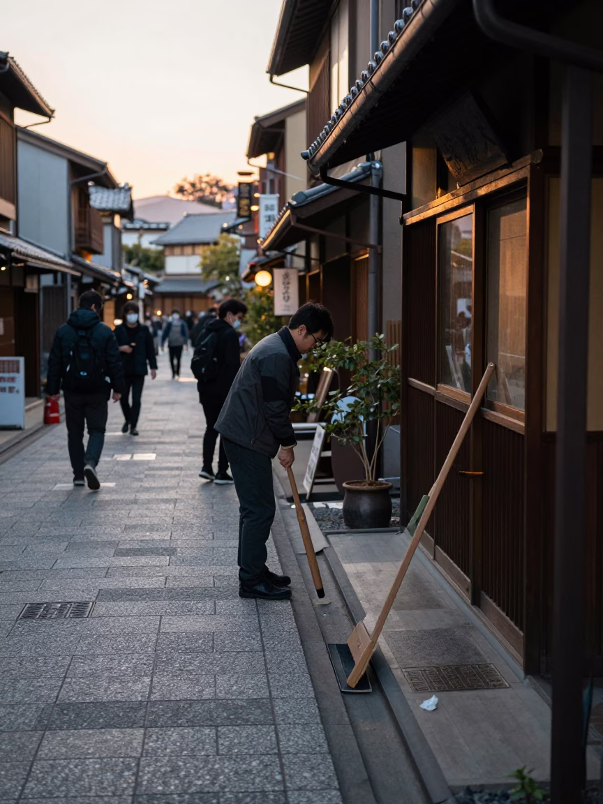 Dawn Street Scene in Kyoto Japan with Traditional Boot Scraper and Condensation on Hinge in in Kyoto, Japan