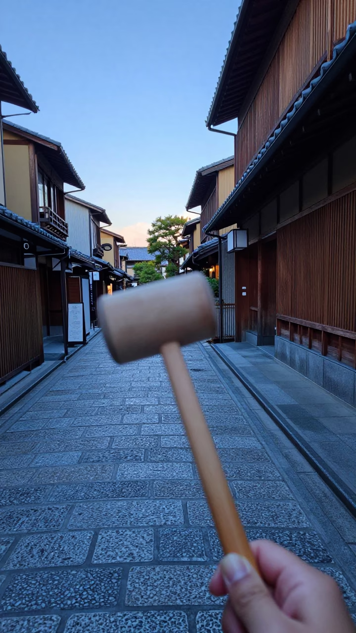 Dawn street scene in Kyoto Japan with wooden mallet and traditional architecture in in Kyoto, Japan