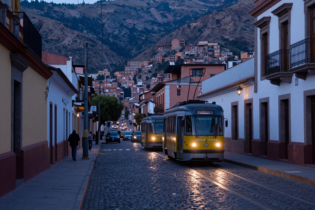 Dawn Street Scene in La Paz Bolivia With Cobblestones And Tram Reflections in in La Paz, Bolivia