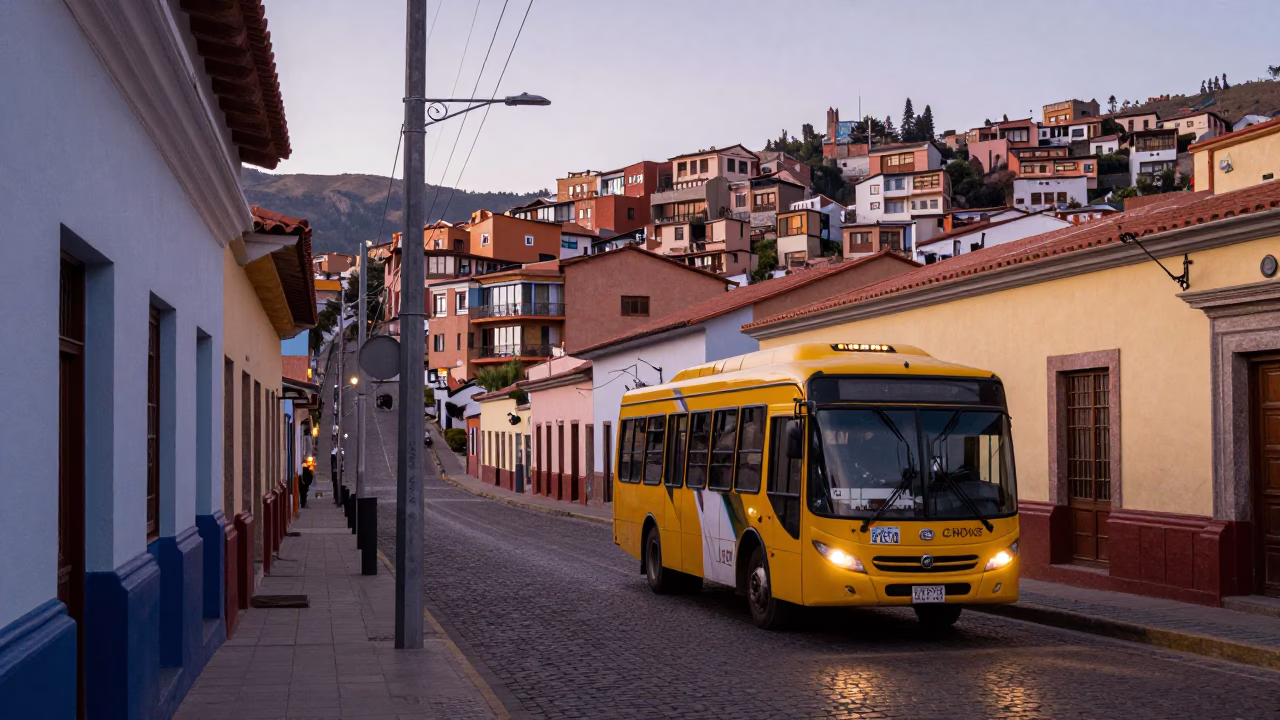 Dawn Street Scene in La Paz Bolivia with Minibus and Urban Details in in La Paz, Bolivia