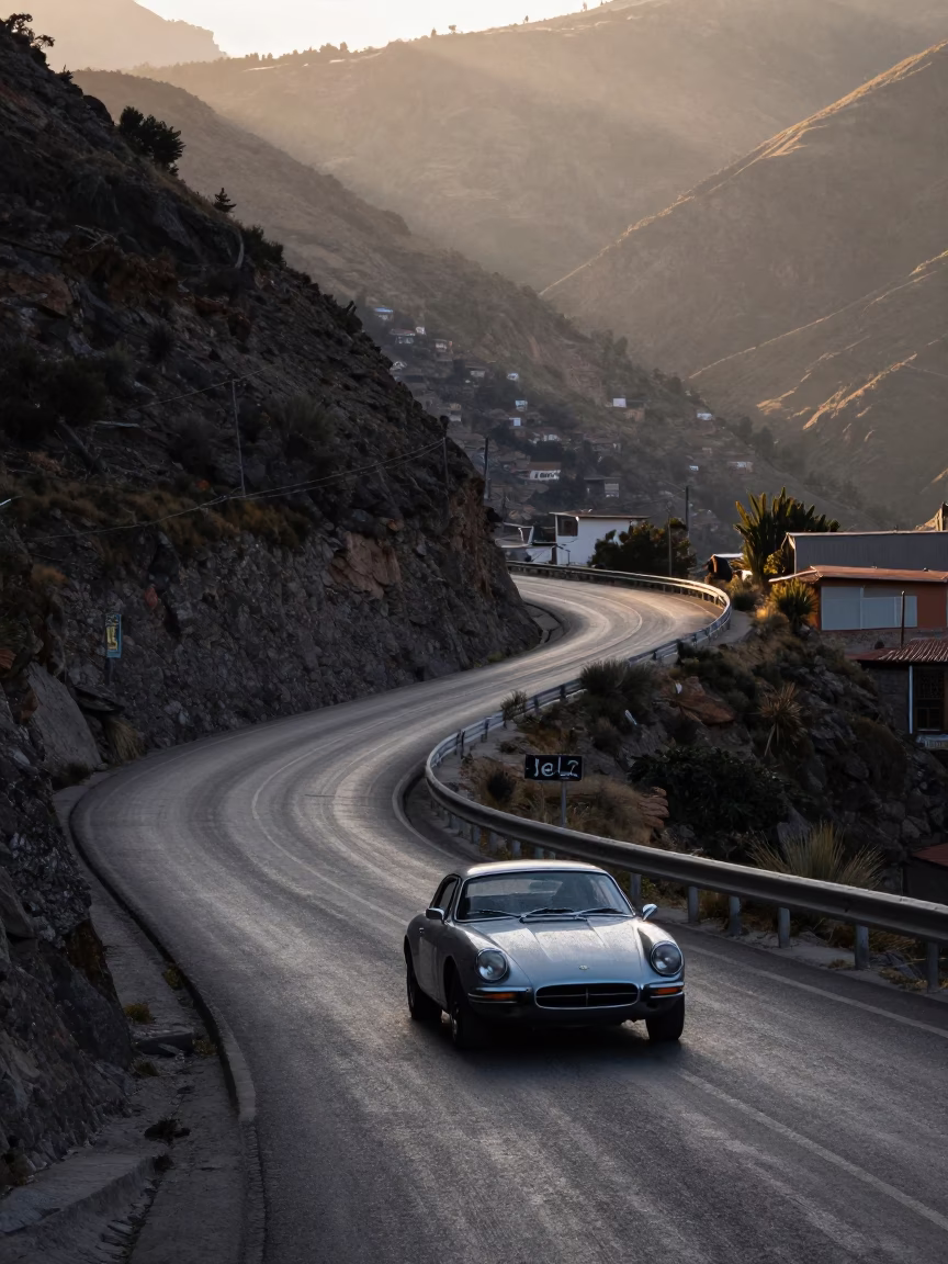 Dawn Street Scene in La Paz Bolivia with Vintage Car and Condensation in in La Paz, Bolivia