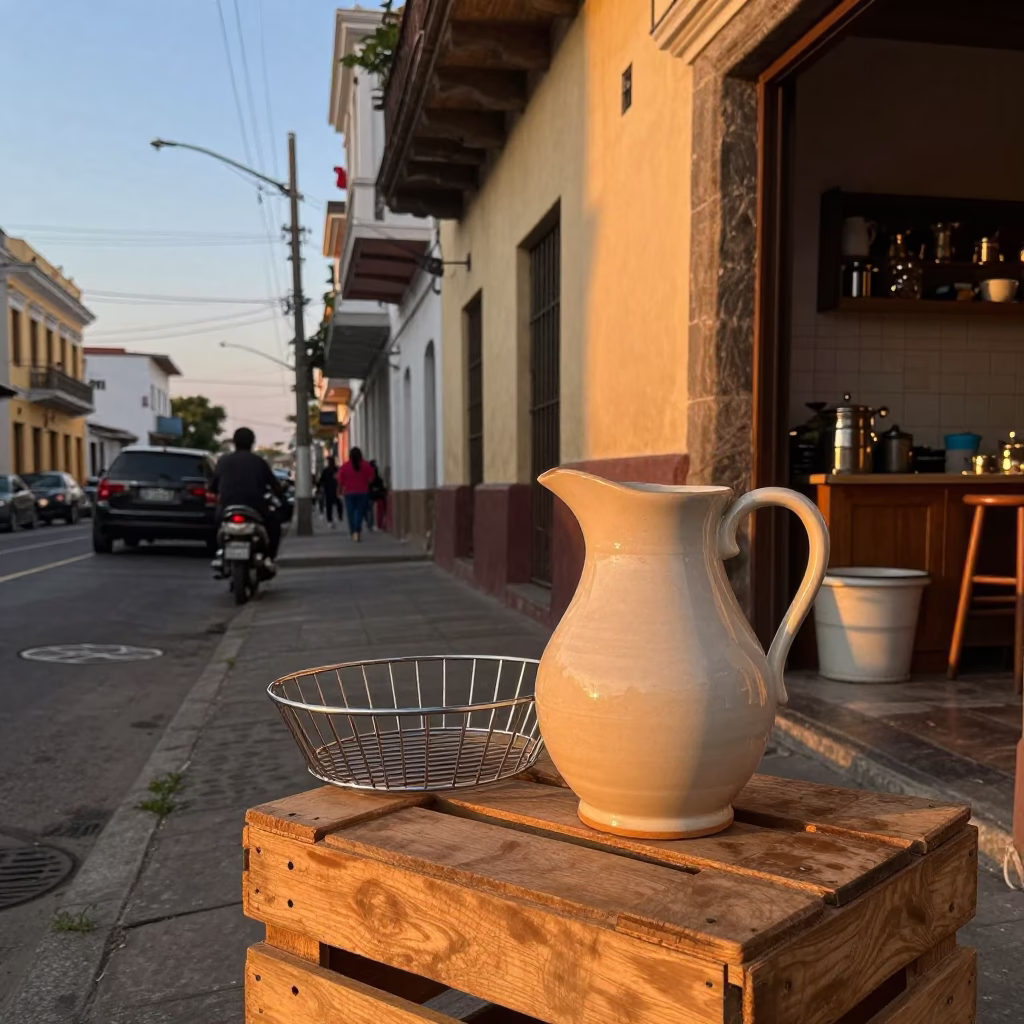 Dawn Street Scene in Lima Peru with Ceramic Pitcher and Kitchen Utensils in in Lima, Peru
