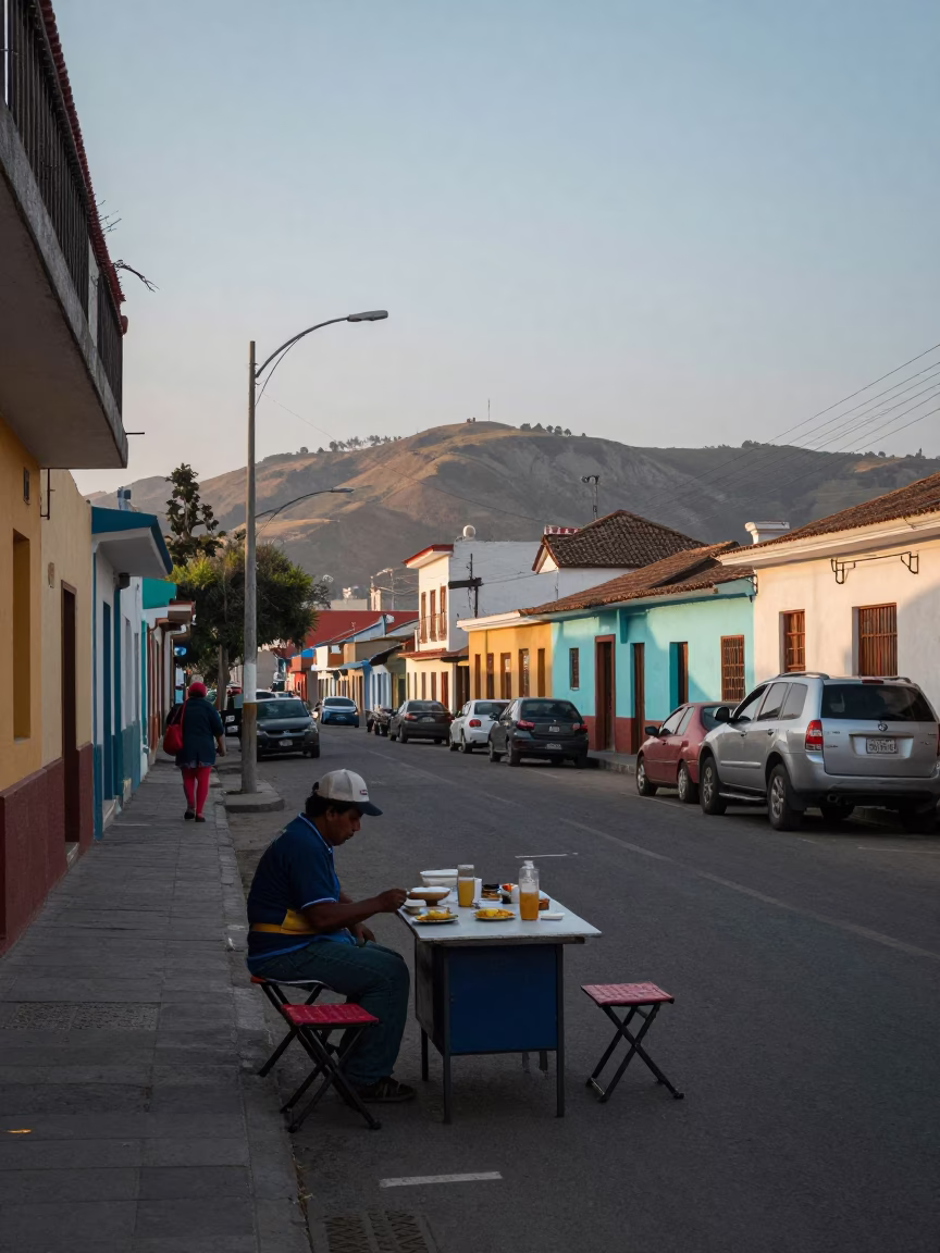 Dawn Street Scene in Lima Peru with Folding Stools and Urban Morning Life in in Lima, Peru