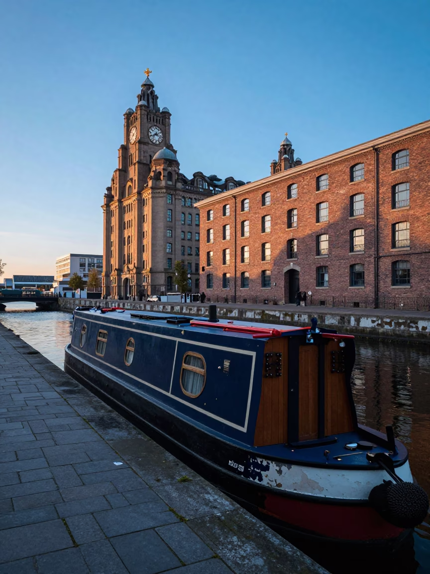 Dawn Street Scene in Liverpool United Kingdom with Narrowboat on Canal and Peg Rails in in Liverpool, United Kingdom