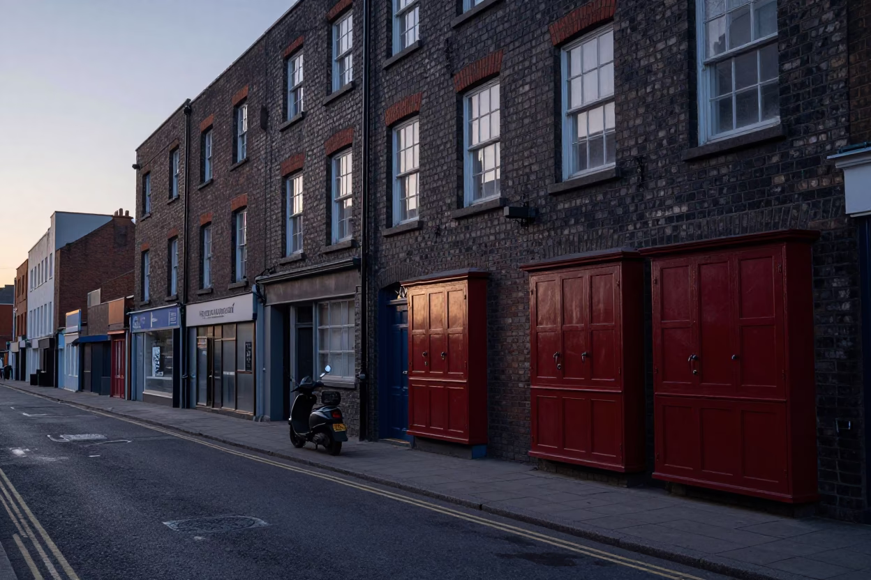 Dawn Street Scene in Liverpool United Kingdom with Scooter and Cupboard Doors in in Liverpool, United Kingdom