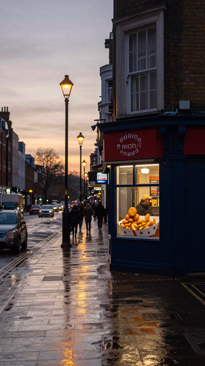 Dawn Street Scene in London United Kingdom with Fish and Chips and Urban Architecture in in London, United Kingdom