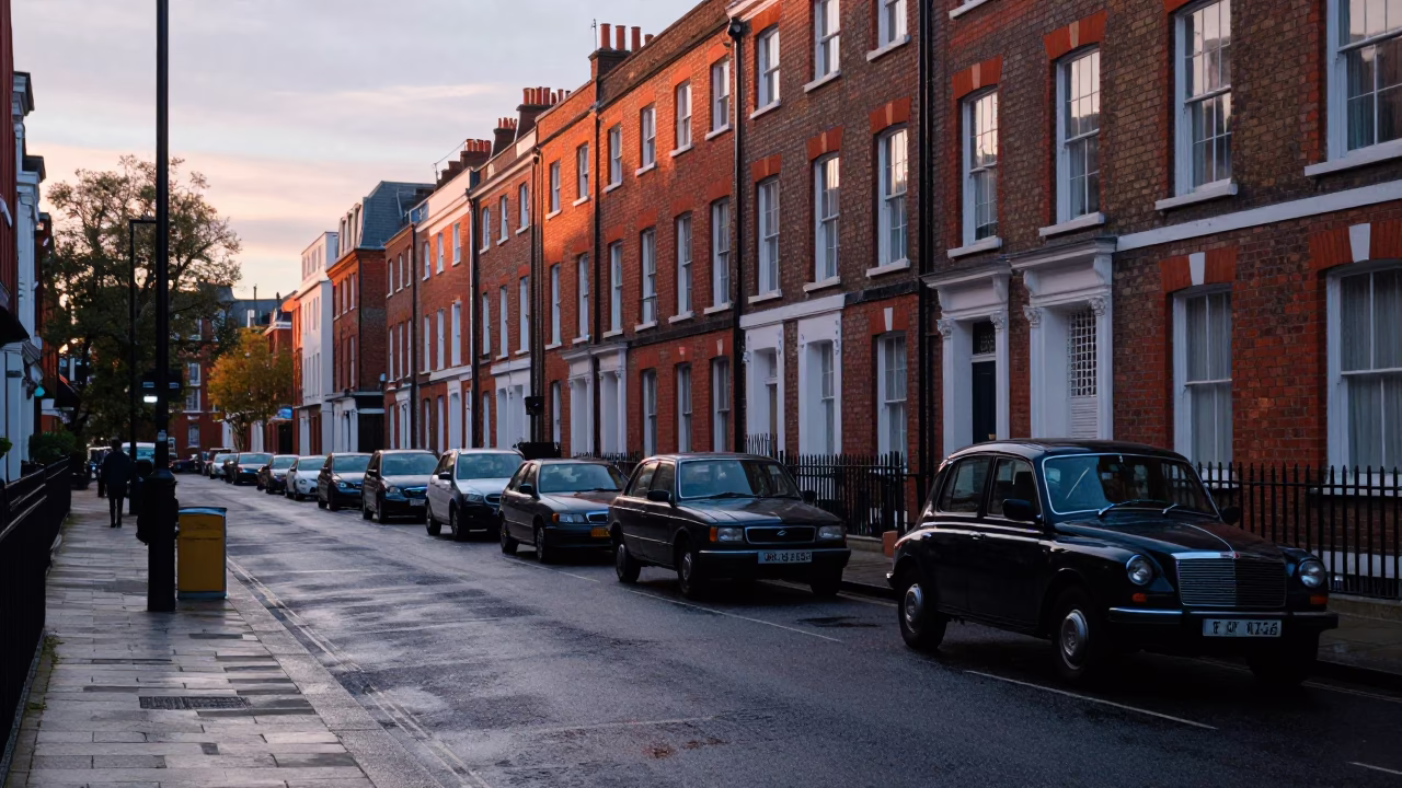 Dawn Street Scene in London United Kingdom With Vintage Vehicles And Urban Architecture in in London, United Kingdom