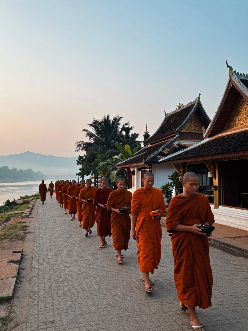 Dawn Street Scene in Luang Prabang Laos with Alms Giving Tradition and Morning Mist in in Luang Prabang, Laos