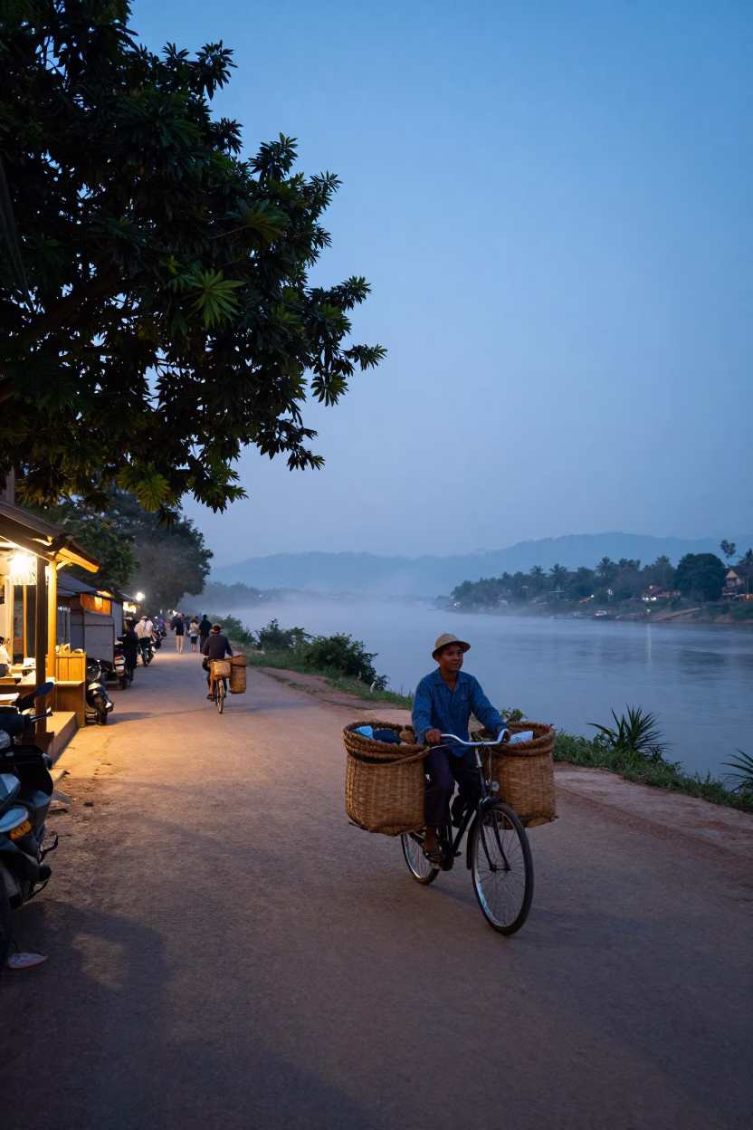 Dawn Street Scene in Luang Prabang Laos with Bicycle and Local Life in in Luang Prabang, Laos