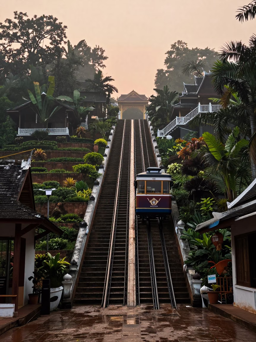 Dawn Street Scene in Luang Prabang Laos with Funicular and Wet Metal Walkway in in Luang Prabang, Laos