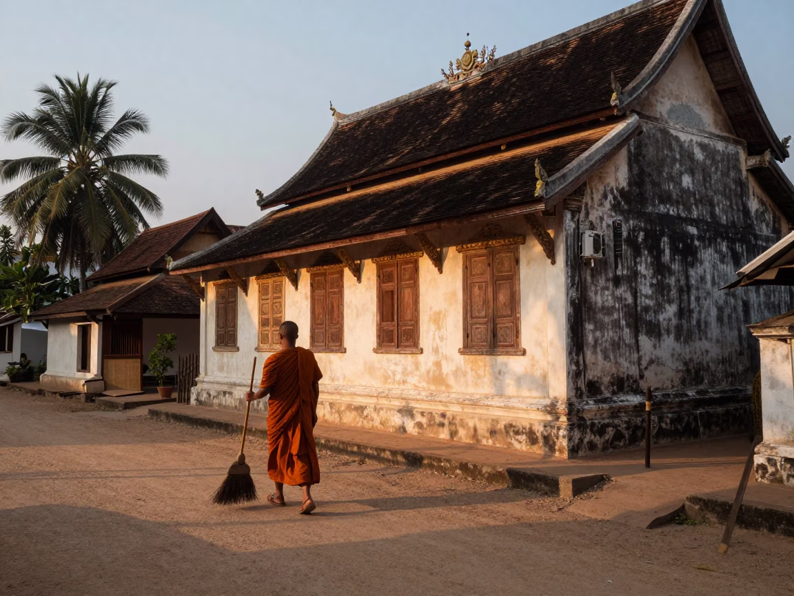 Dawn Street Scene in Luang Prabang Laos with Monk and Hand Broom in in Luang Prabang, Laos