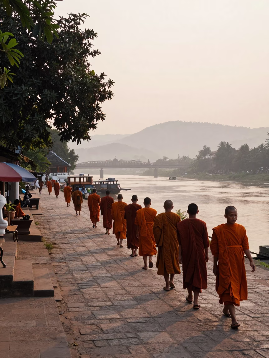 Dawn Street Scene in Luang Prabang Laos with Monks and Morning Light in in Luang Prabang, Laos