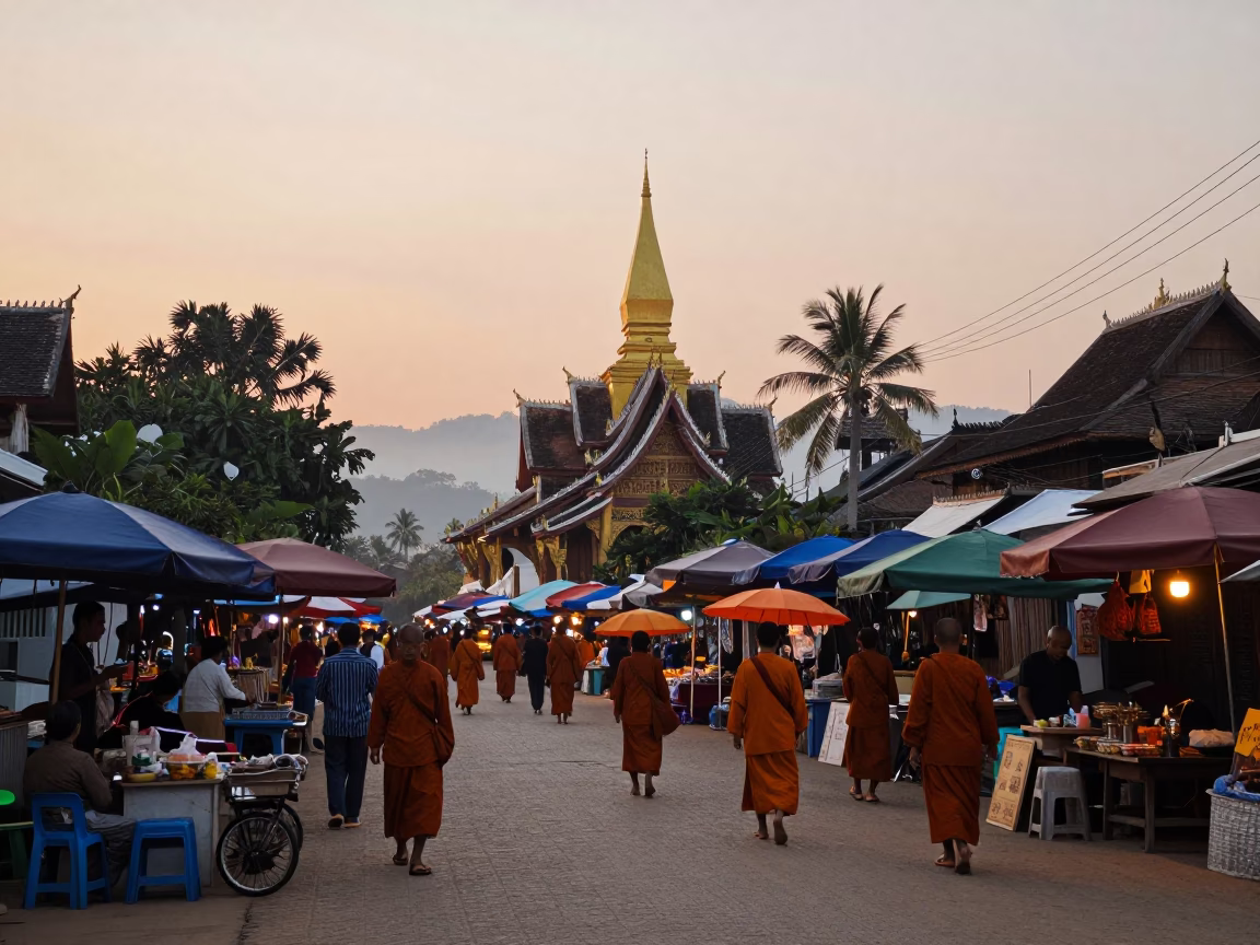 Dawn Street Scene in Luang Prabang Laos with Monks and Morning Market Activity in in Luang Prabang, Laos