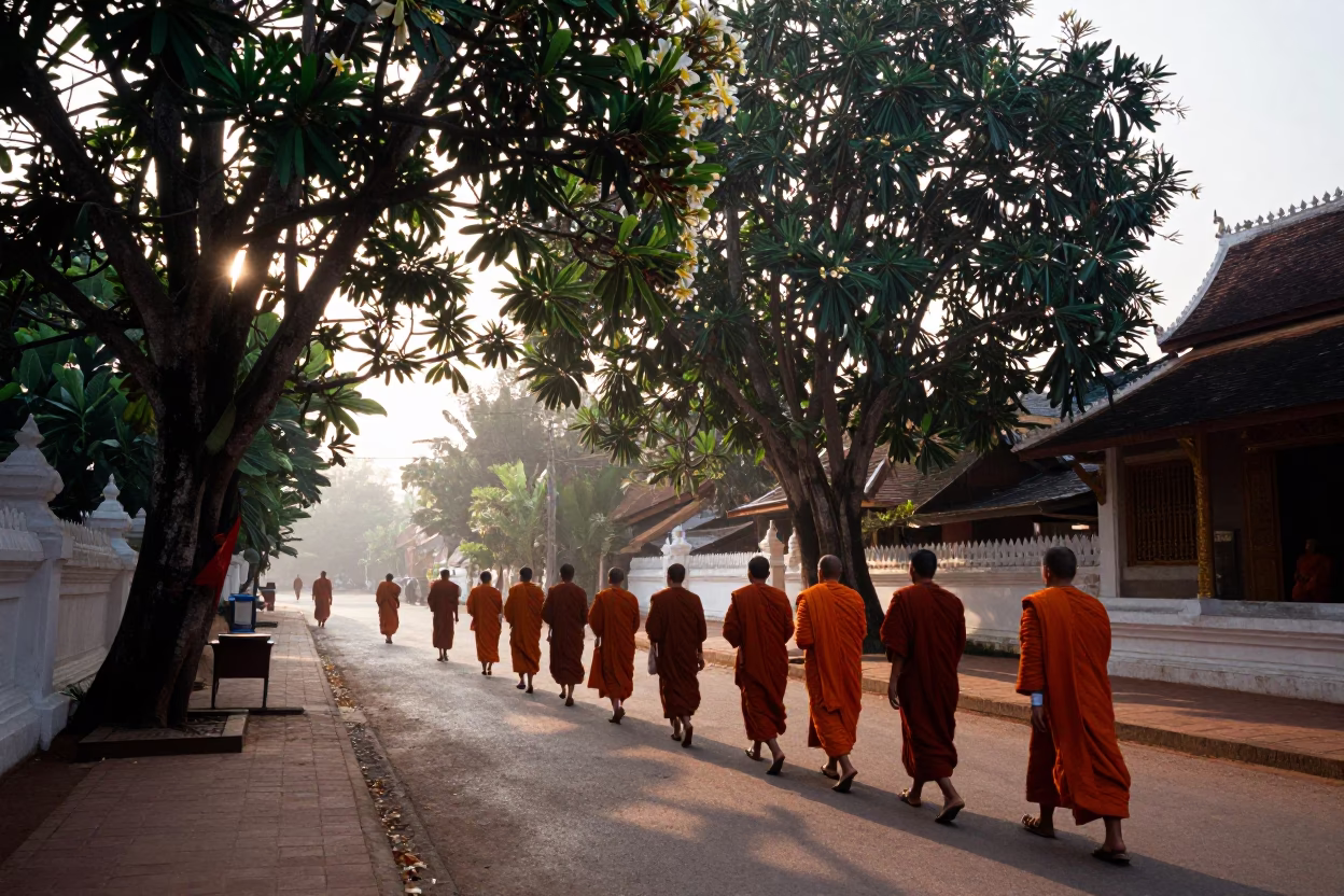 Dawn street scene in Luang Prabang with monks and morning supplies in in Luang Prabang, Laos