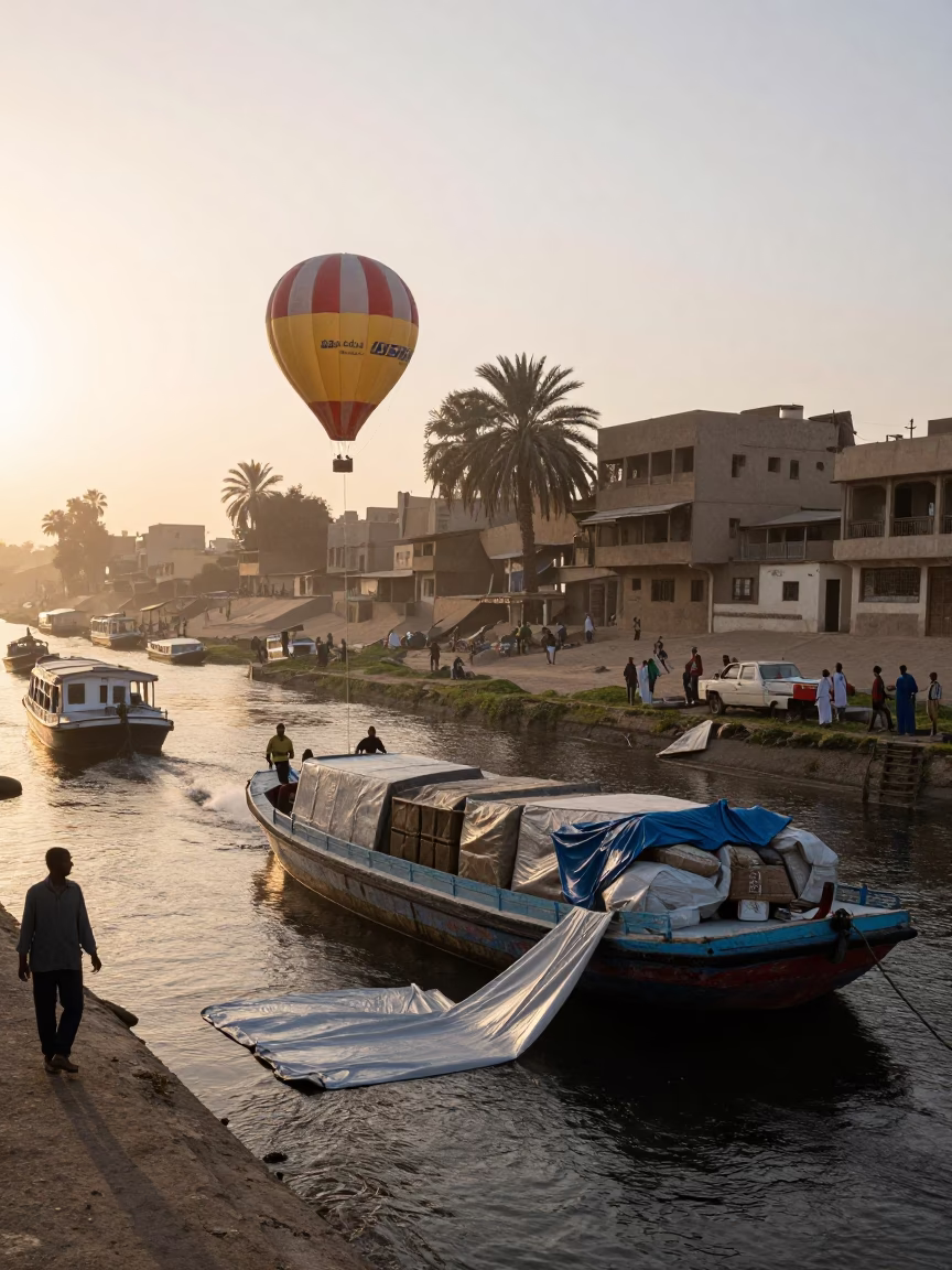 Dawn Street Scene in Luxor Egypt with Canal Barge and Local Commerce in in Luxor, Egypt
