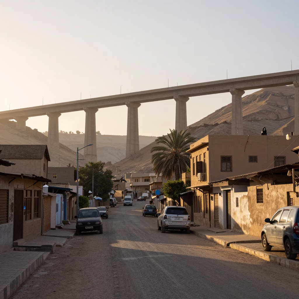 Dawn Street Scene in Luxor Egypt with Concrete Viaduct and Local Traffic in in Luxor, Egypt