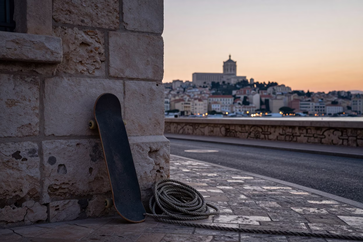 Dawn Street Scene in Marseille France with Skateboard and Coiled Rope in in Marseille, France